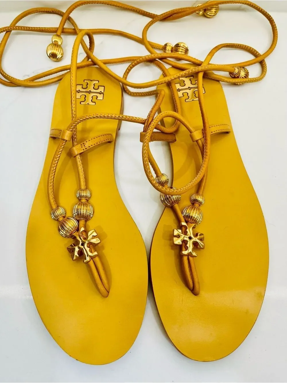 Tory Burch Mustard Yellow Lace-Up Logo Espadrille Sandals